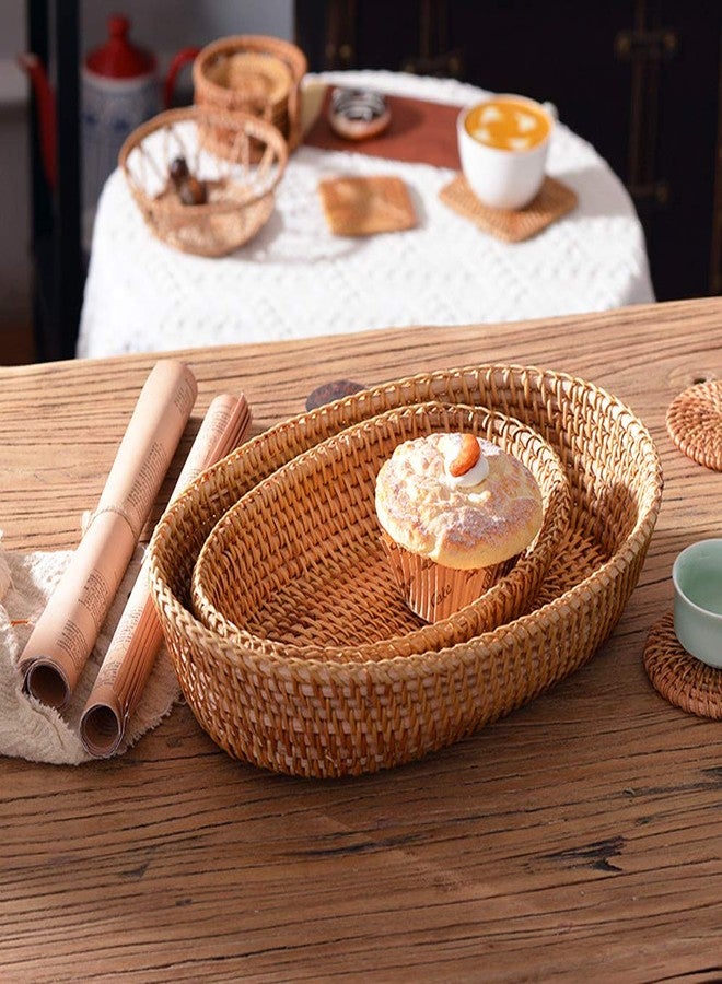 i-lan Handwoven Bread Serving Basket Bowls, Wicker Oval Fruit Bowl, Serving Bread Basket Set, Food Storage Bowl for Bread, Snack, Vegetable, Natural Brown (S: 10") - Image 4